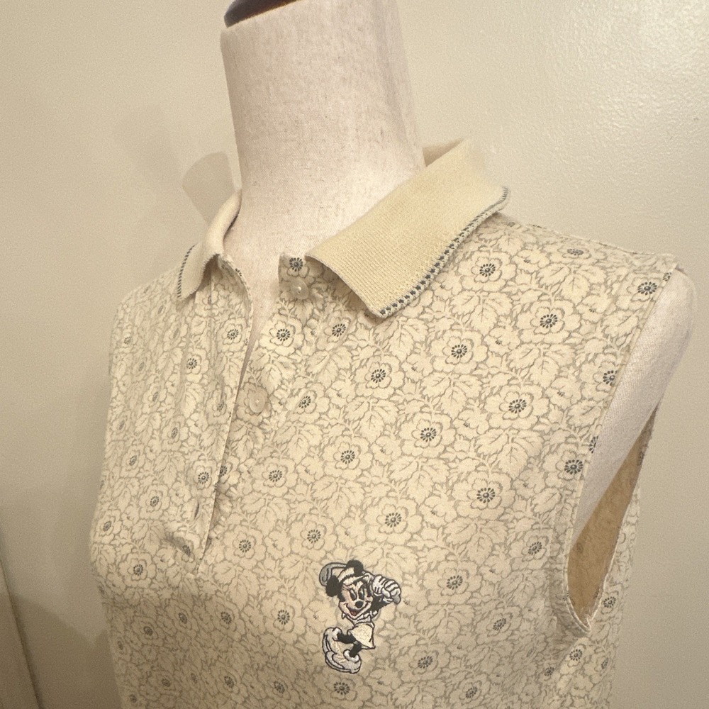 Vintage Tail Minnie Mouse  Golf Polo Sleeveless Shirt Disney Floral Beige/Blue